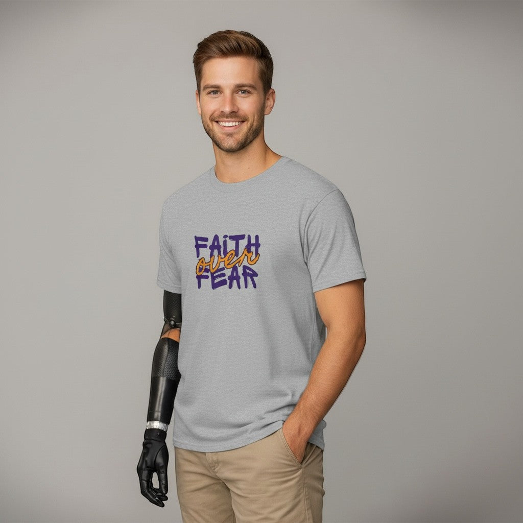 Jena Jewelry grey cotton t-shirt with purple and orange "FAITH over FEAR" graphic. Model has a prosthetic arm.