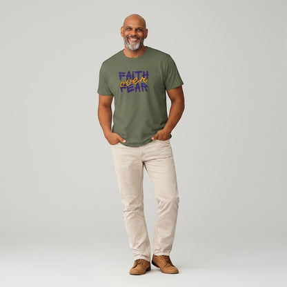 Jena Jewelry olive green cotton t-shirt with "FAITH over FEAR" graphic in purple and orange.