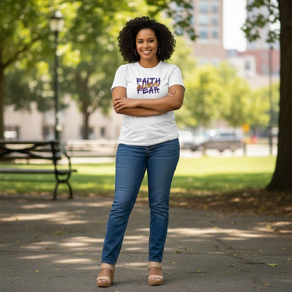 Jena Jewelry white cotton t-shirt with purple and orange "FAITH over FEAR" graphic, worn by a woman outdoors.