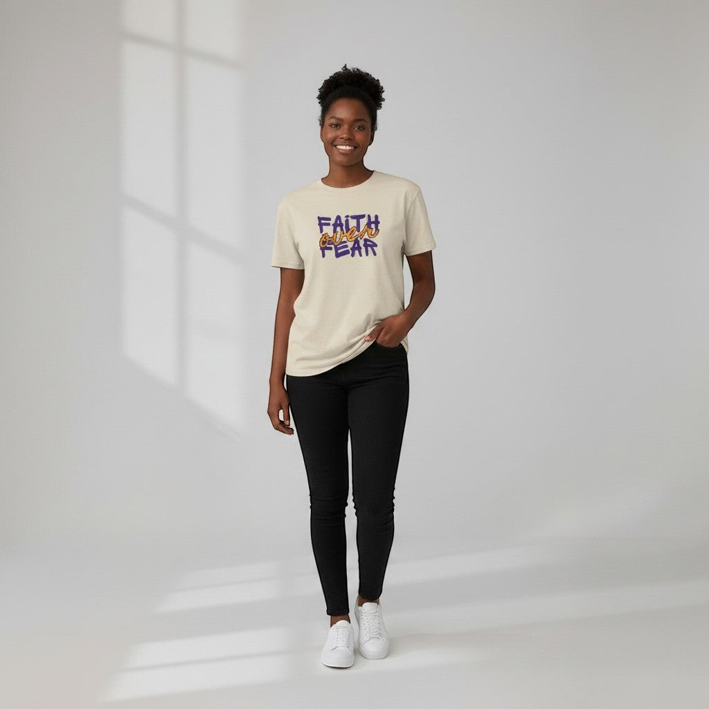 Jena Jewelry cream cotton t-shirt with "FAITH over FEAR" graphic in purple and orange.