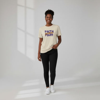 Jena Jewelry cream cotton t-shirt with "FAITH over FEAR" graphic in purple and orange.