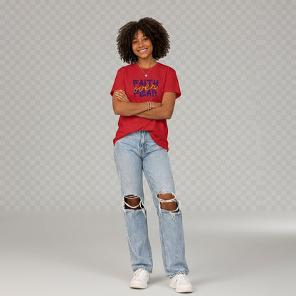 Jena Jewelry red cotton t-shirt with purple and orange "FAITH over FEAR" graphic. Model wears ripped jeans.