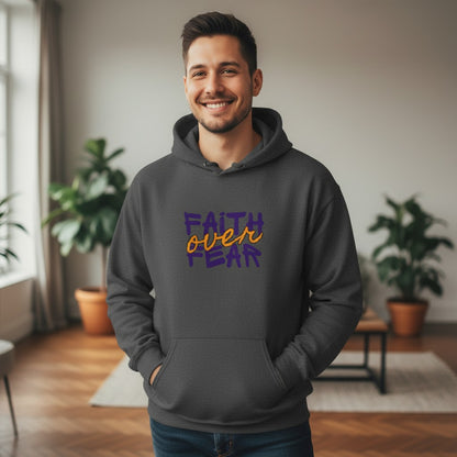 Jena Jewelry dark grey cotton-poly blend hoodie with "Faith over Fear" graphic print. Features a kangaroo pocket and drawstring hood.