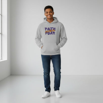 Jena Jewelry heather grey 50/50 cotton-poly blend hoodie with "Faith over Fear" graphic print. Features a drawstring hood and kangaroo pocket.