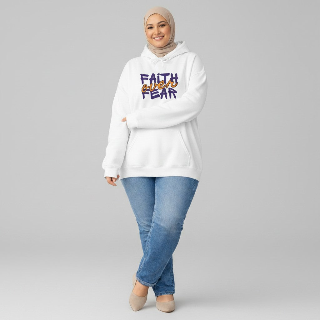 Jena Jewelry white cotton-poly blend hoodie with "Faith over Fear" graphic print in purple and orange. Features a kangaroo pocket and drawstring hood.