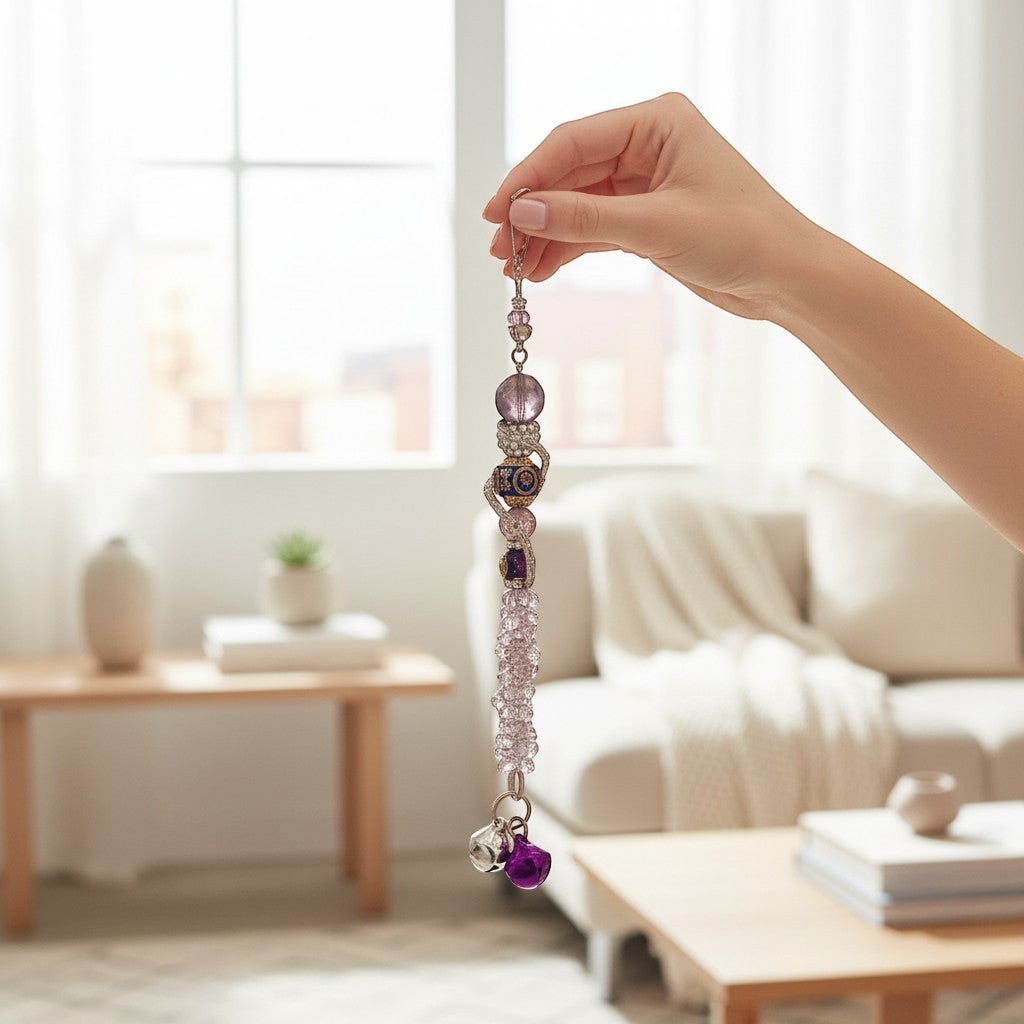 Jena Jewelry handcrafted festive icicle ornament with purple beads, charms, and jingle bells.