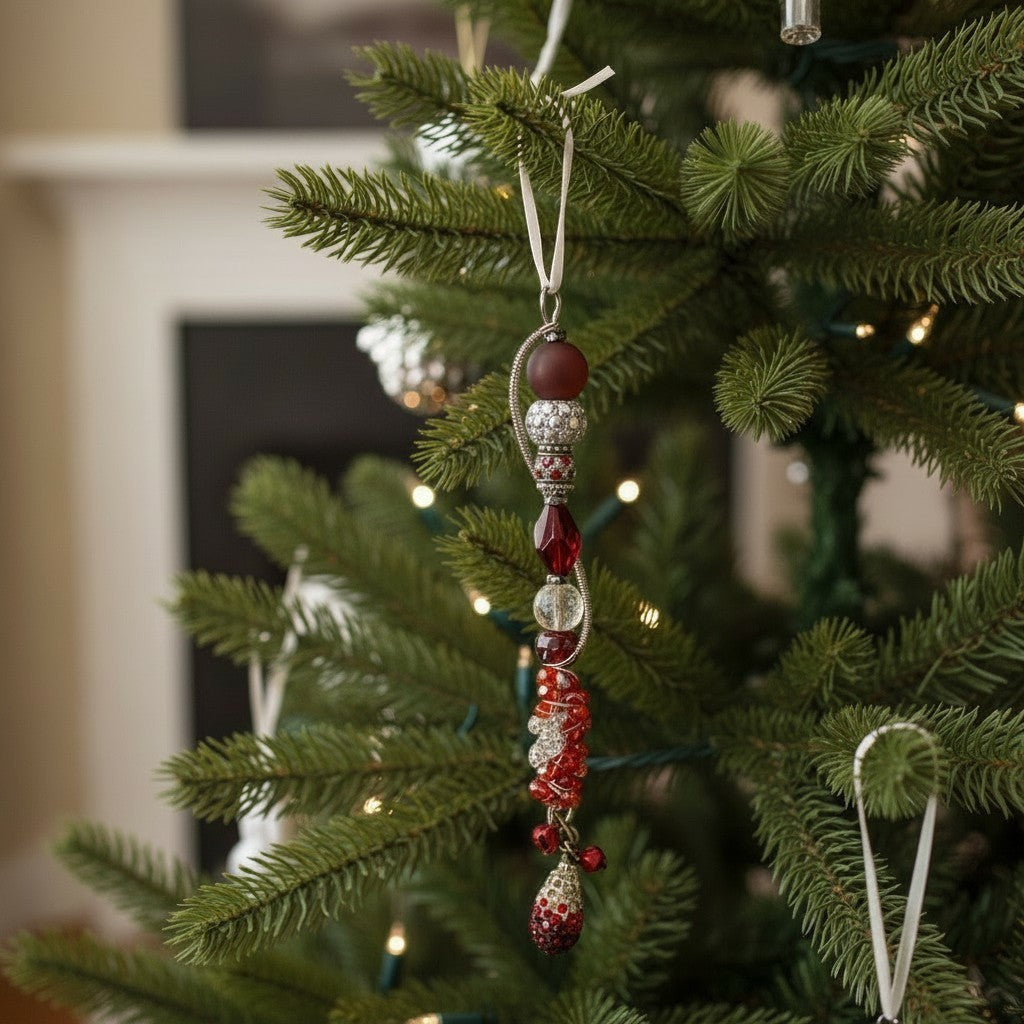 Jena Jewelry handcrafted festive icicle ornament with red and silver glass beads, charms, and jingle bells hanging on a Christmas tree.