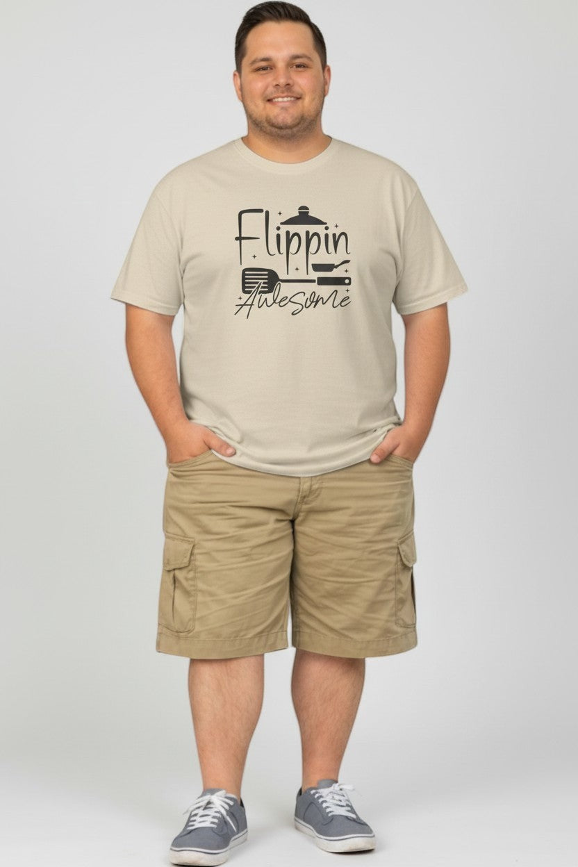 Jena Jewelry men's light beige 100% cotton t-shirt with a graphic print of 'Flippin' Awesome' and kitchen utensils.