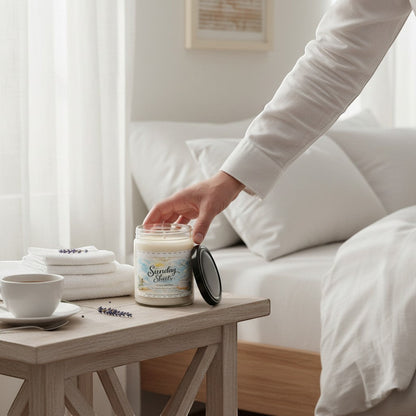 Jena Jewelry floral soy candle with "Sunday Sheets" label, placed on a bedside table with clean white towels and a teacup.