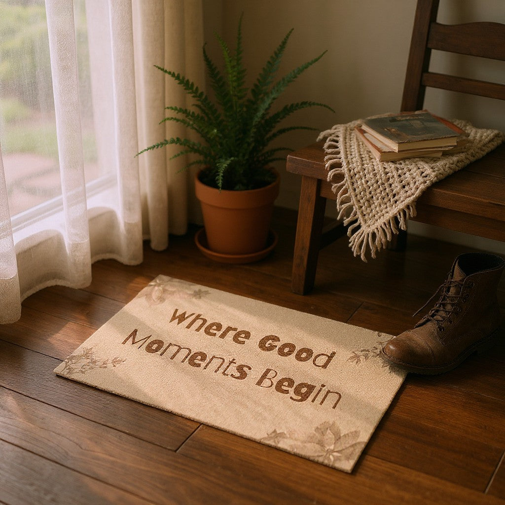 Jena Jewelry natural coir doormat with "Where Good Moments Begin" text and floral accents. Outdoor entryway mat.