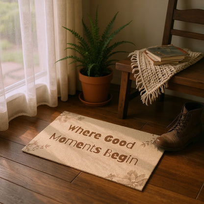 Jena Jewelry natural coir doormat with "Where Good Moments Begin" text and floral accents. Outdoor entryway mat.
