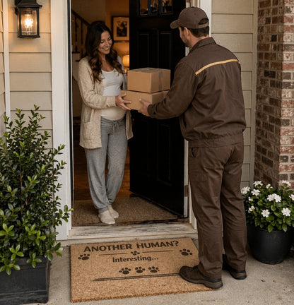 Jena Jewelry funny cat doormat with "Another Human? Interesting..." text and paw prints. Natural coir material.