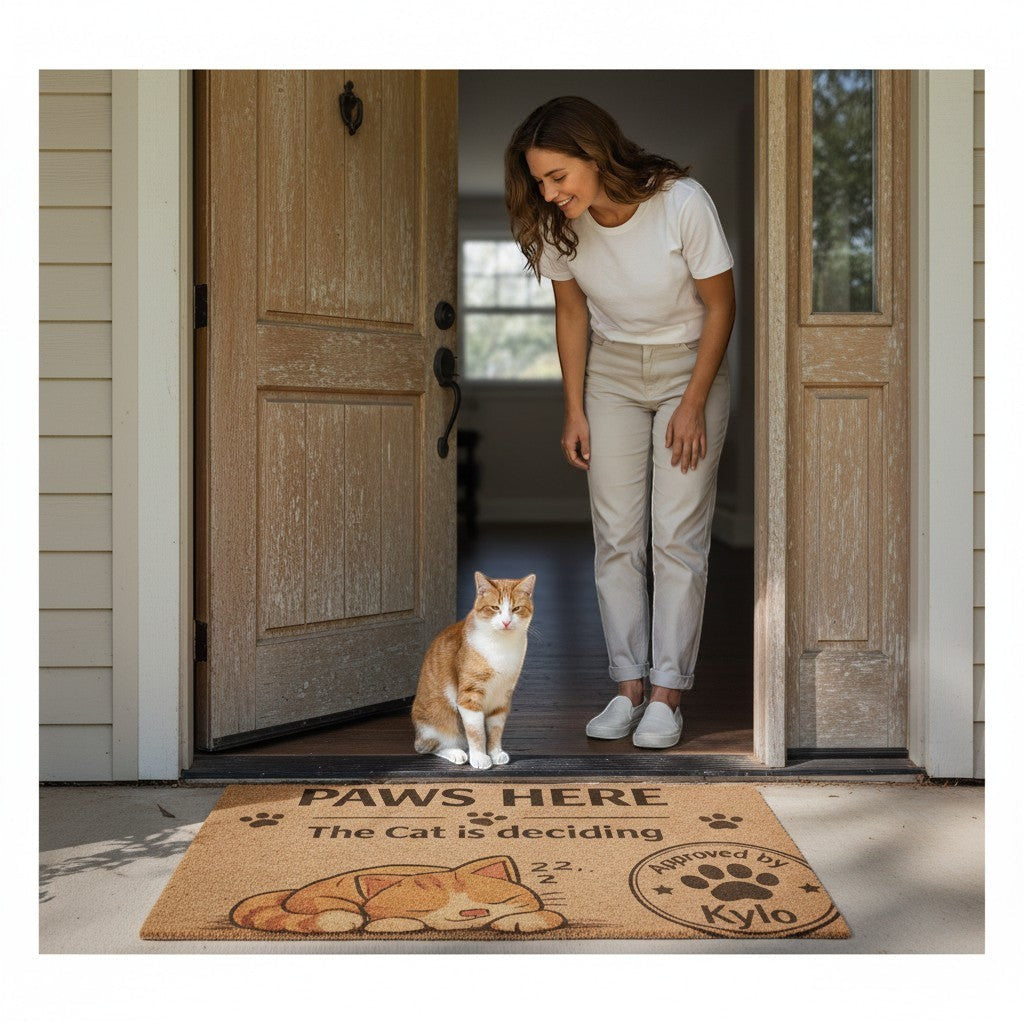 Jena Jewelry funny cat doormat with "Paws Here, The Cat Is Deciding" text and sleeping cat graphic. Made of coir.