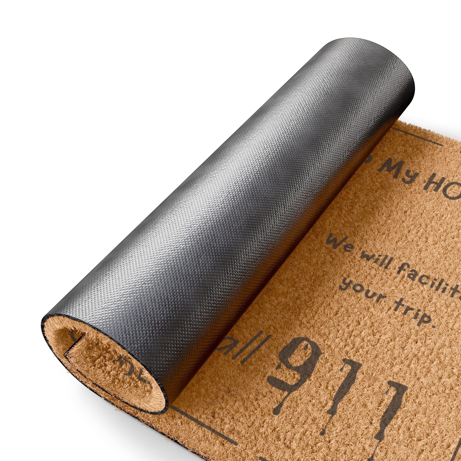 Jena Jewelry funny doormat made of natural coir fiber with black anti-slip backing and text "My Home, We will facilitate your trip. Call 911"