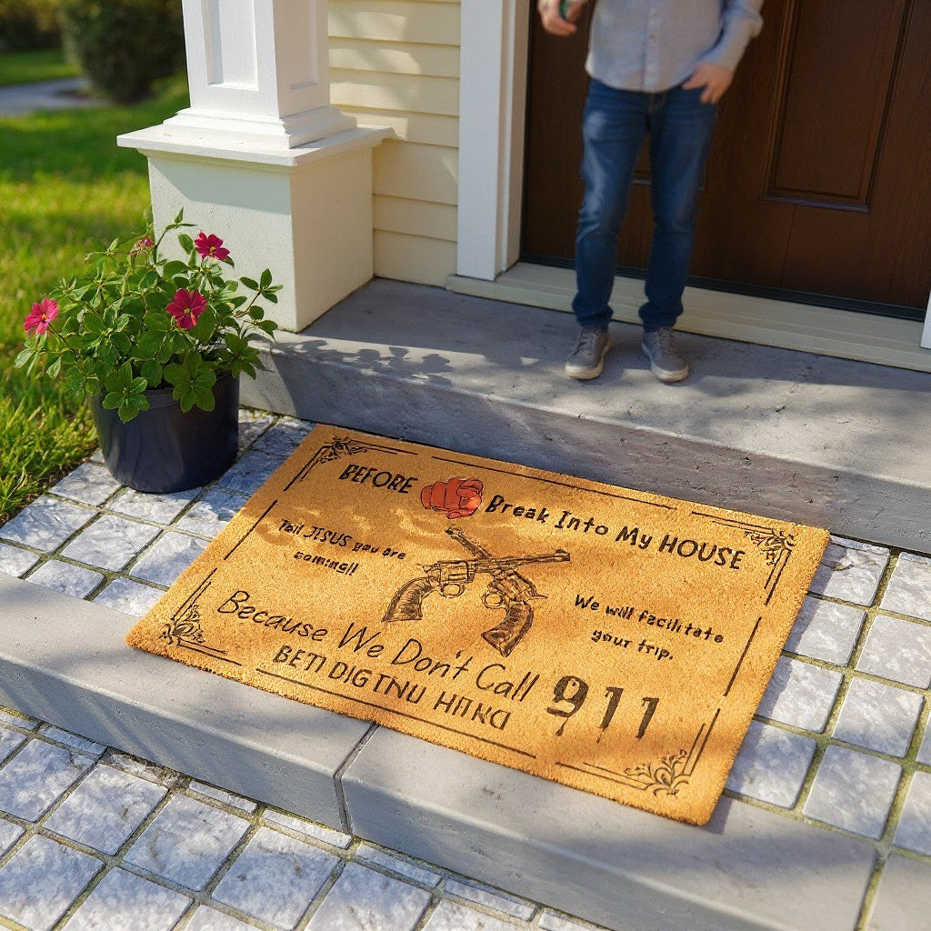 Jena Jewelry funny doormat with crossed guns and text: "Before you break into my house, Tell JESUS you are coming!! Because We Don't Call 911. We will facilitate your trip."