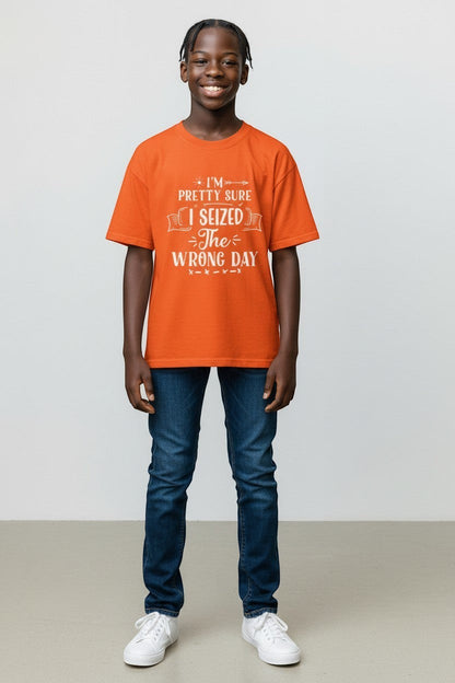 Jena Jewelry orange cotton t-shirt with a white graphic print that says "I'm pretty sure I seized the wrong day."