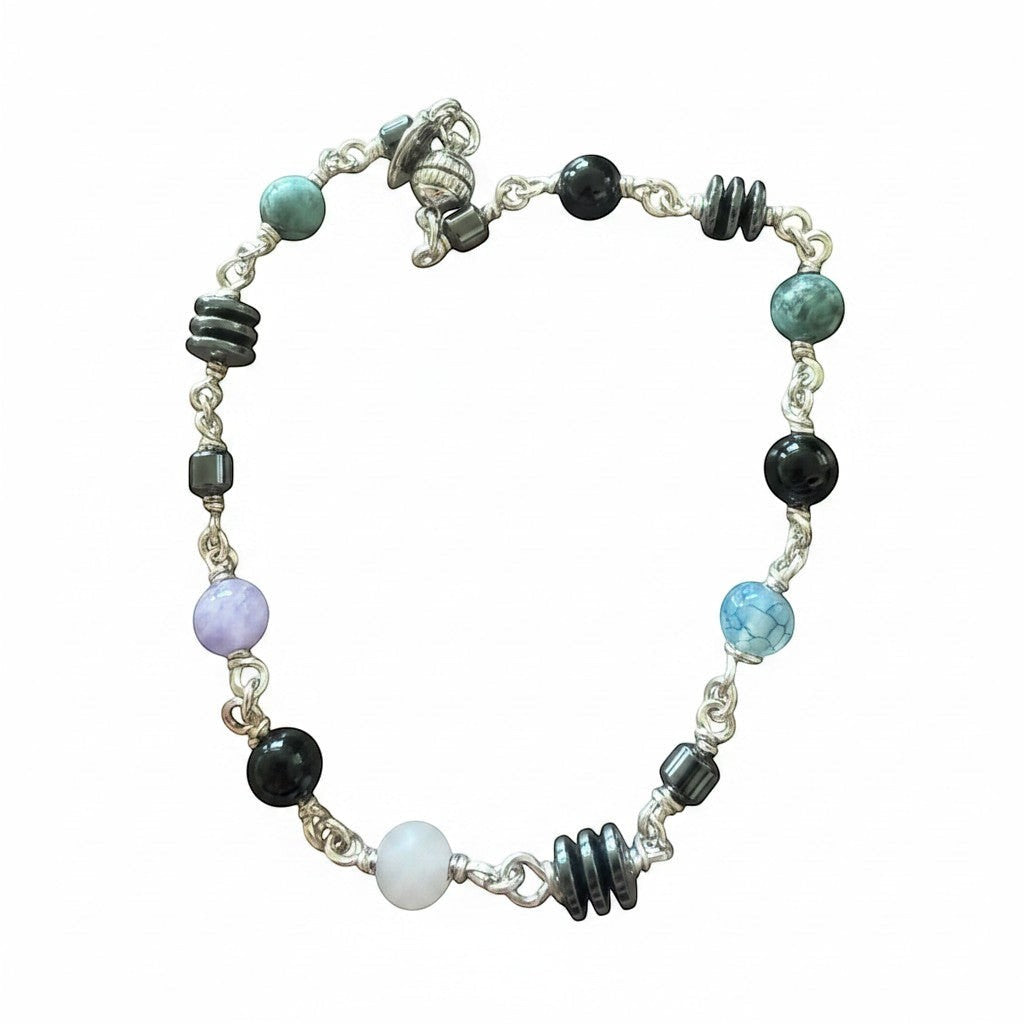 Jena Jewelry anklet with Hematite, Rose Quartz, Indigo, Black Onyx, and Jasper beads. Silver chain.
