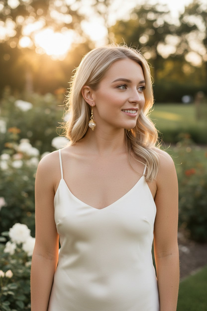 Jena Jewelry gold-wrapped freshwater pearl drop earrings with a nest-like wire design, worn by a model outdoors.