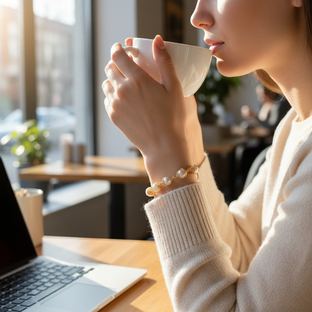 Jena Jewelry adjustable gold bracelet with six luminous freshwater pearls and polished gold beads, worn by a woman drinking coffee.