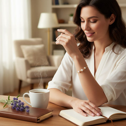Jena Jewelry adjustable gold bracelet with six luminous freshwater pearls and polished gold beads, worn by a woman at a desk.