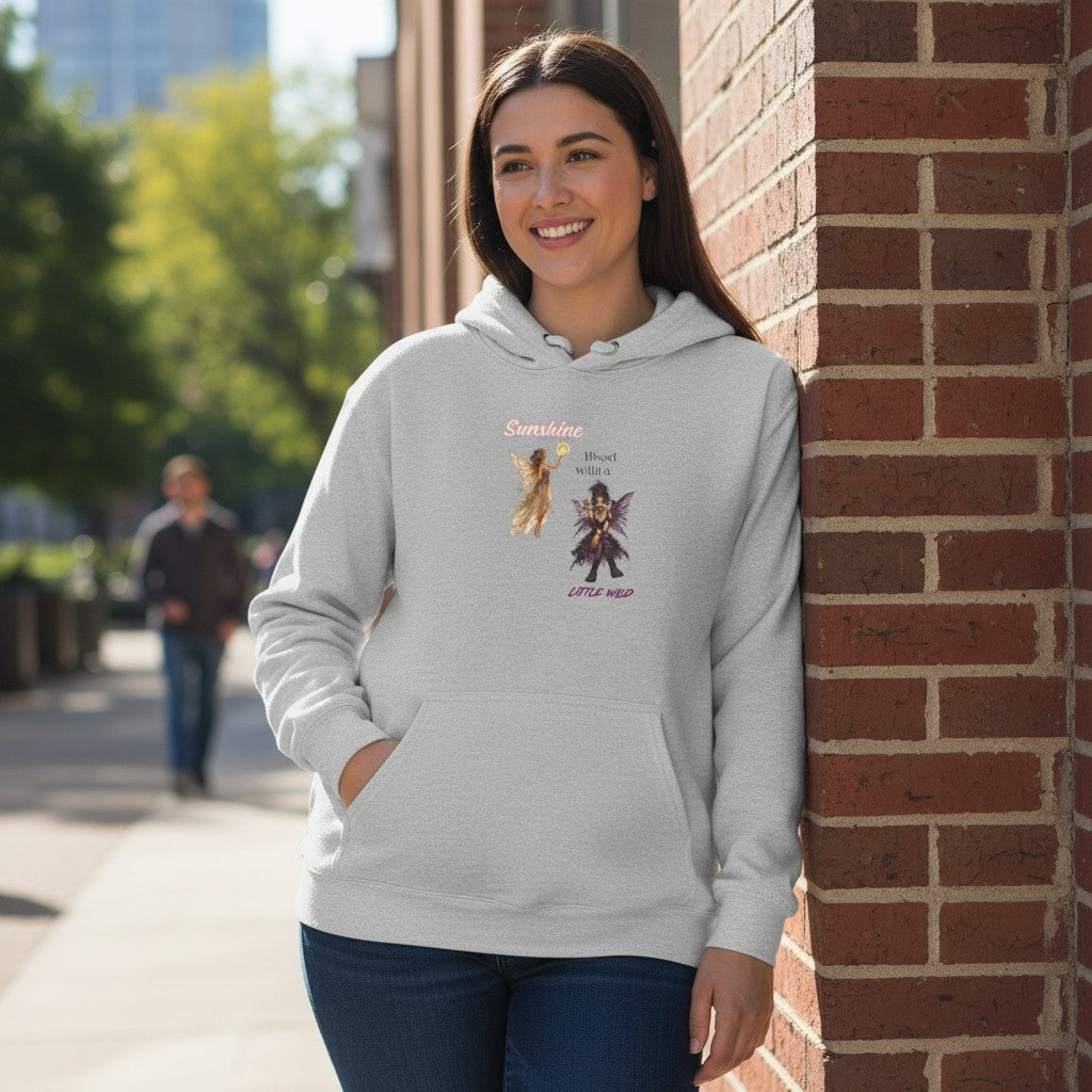 Jena Jewelry light grey 50/50 cotton-poly blend hoodie with 'Sunshine Mixed with a Little Wild' graphic.