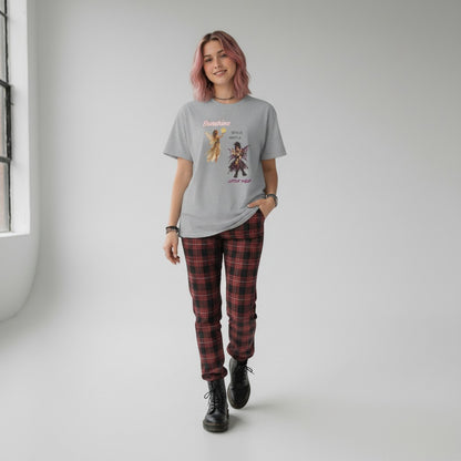 Jena Jewelry grey cotton graphic tee with "Sunshine Mixed with a Little Wild" text and fairy graphics.