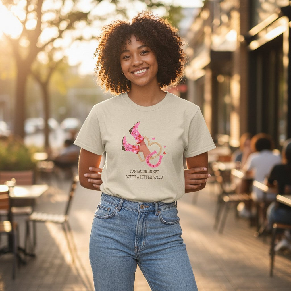 Jena Jewelry graphic tee with pink cowboy boots, lasso, horseshoe, and hearts. 100% cotton.