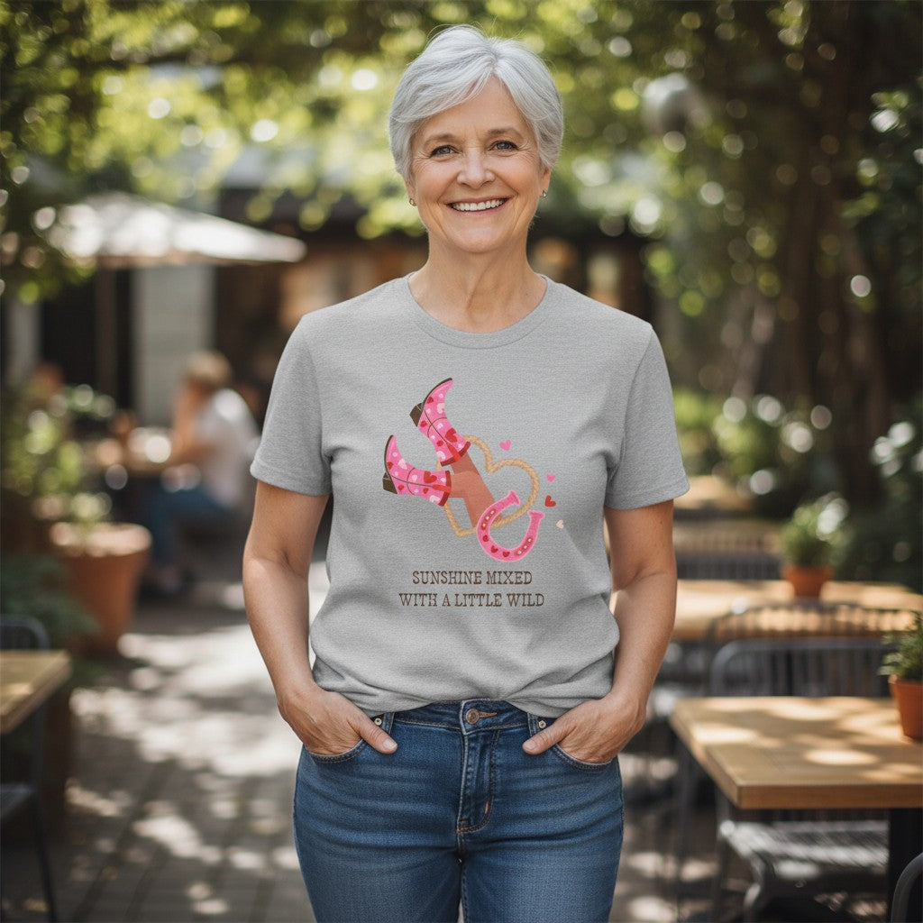Jena Jewelry grey cotton graphic tee with pink cowboy boots, lasso, and hearts graphic. Text reads 'Sunshine Mixed With A Little Wild'.