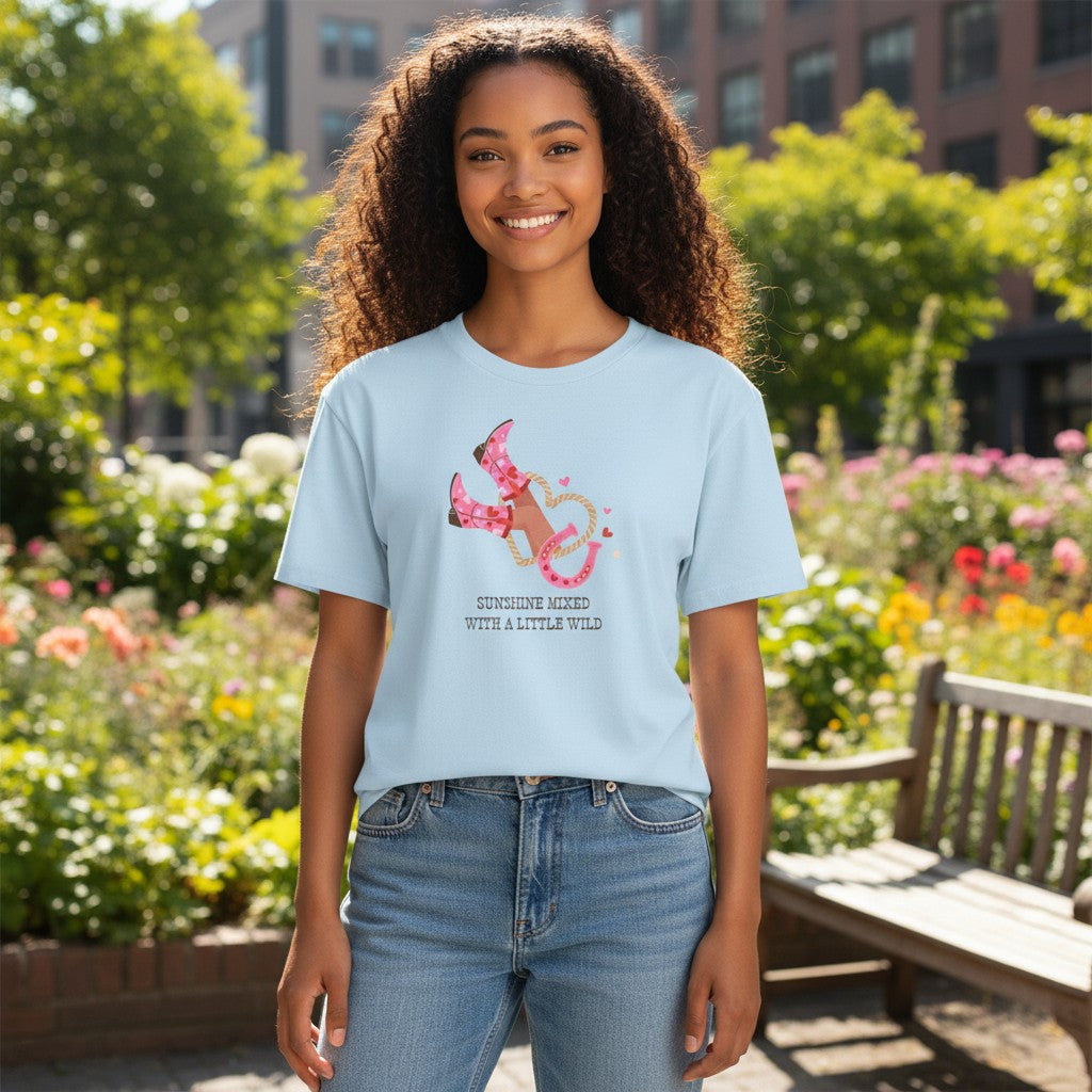 Jena Jewelry light blue 100% cotton graphic tee with pink cowboy boots, horseshoe, lasso, and hearts graphic. Text reads 'Sunshine Mixed With A Little Wild'.