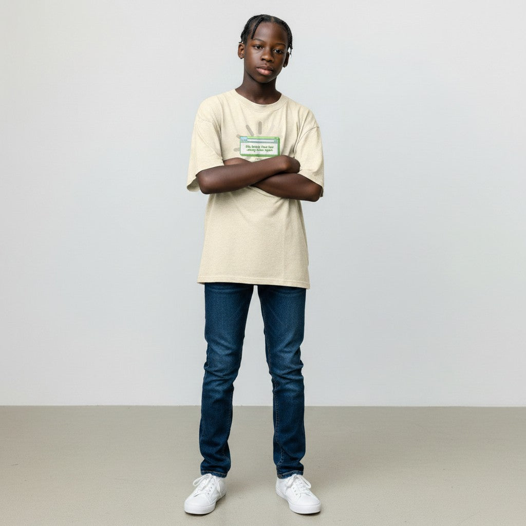 Jena Jewelry cream cotton t-shirt with "My brain has too many tabs open" graphic in green and gray.
