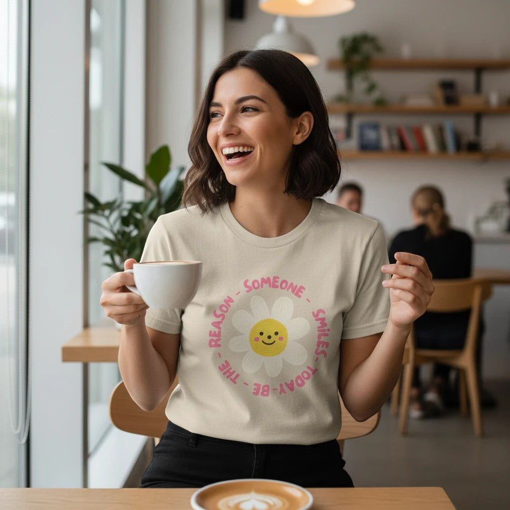 Jena Jewelry cream 100% cotton graphic tee with a smiling daisy and "Be the Reason Someone Smiles Today" text.