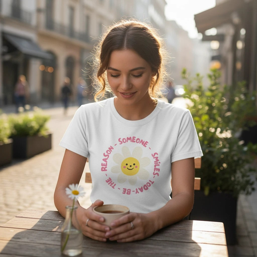 Jena Jewelry white 100% cotton graphic tee with a smiling daisy and "Be the Reason Someone Smiles Today" text.