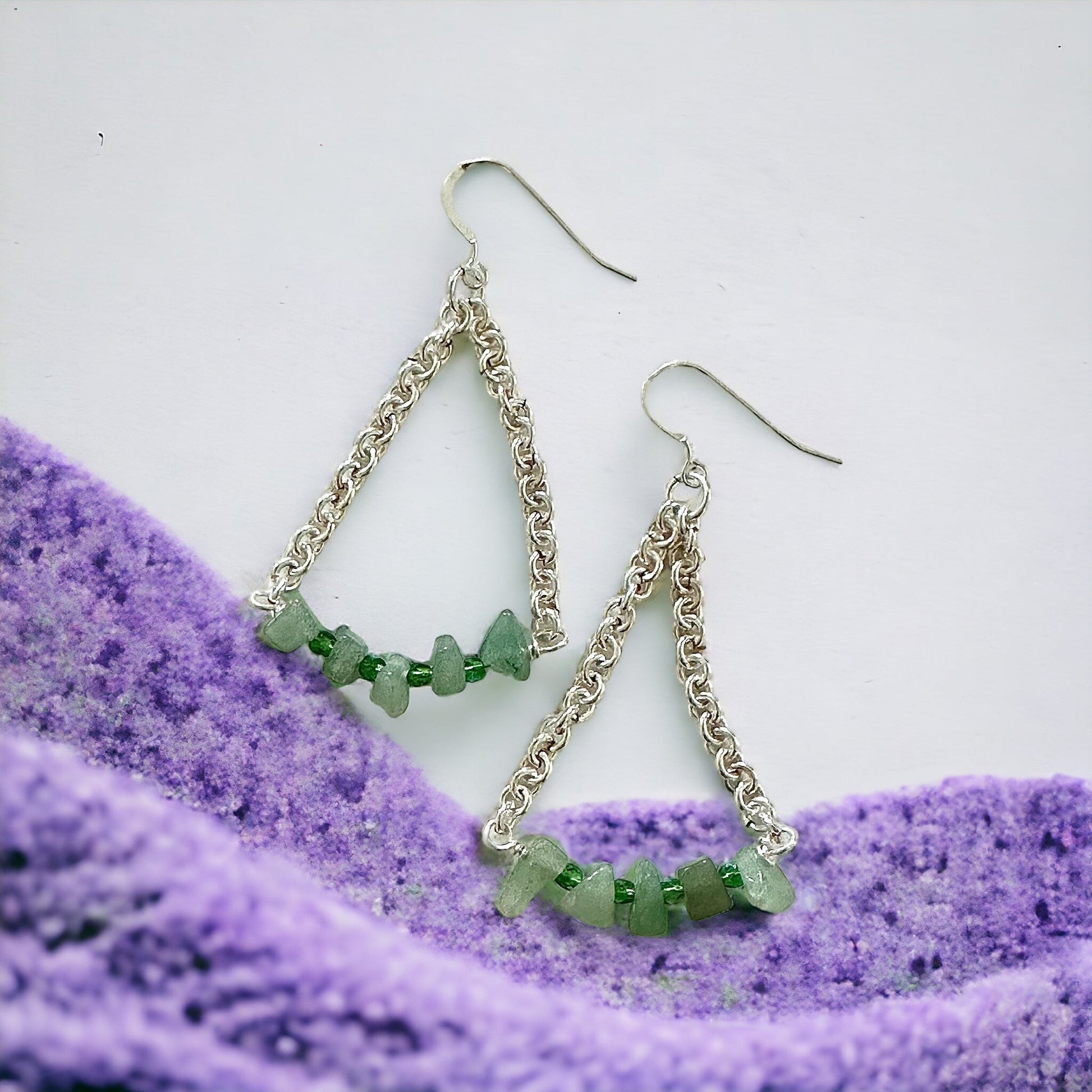 Jena Jewelry green aventurine and crystal quartz chainmaille triangle earrings with silver hooks.