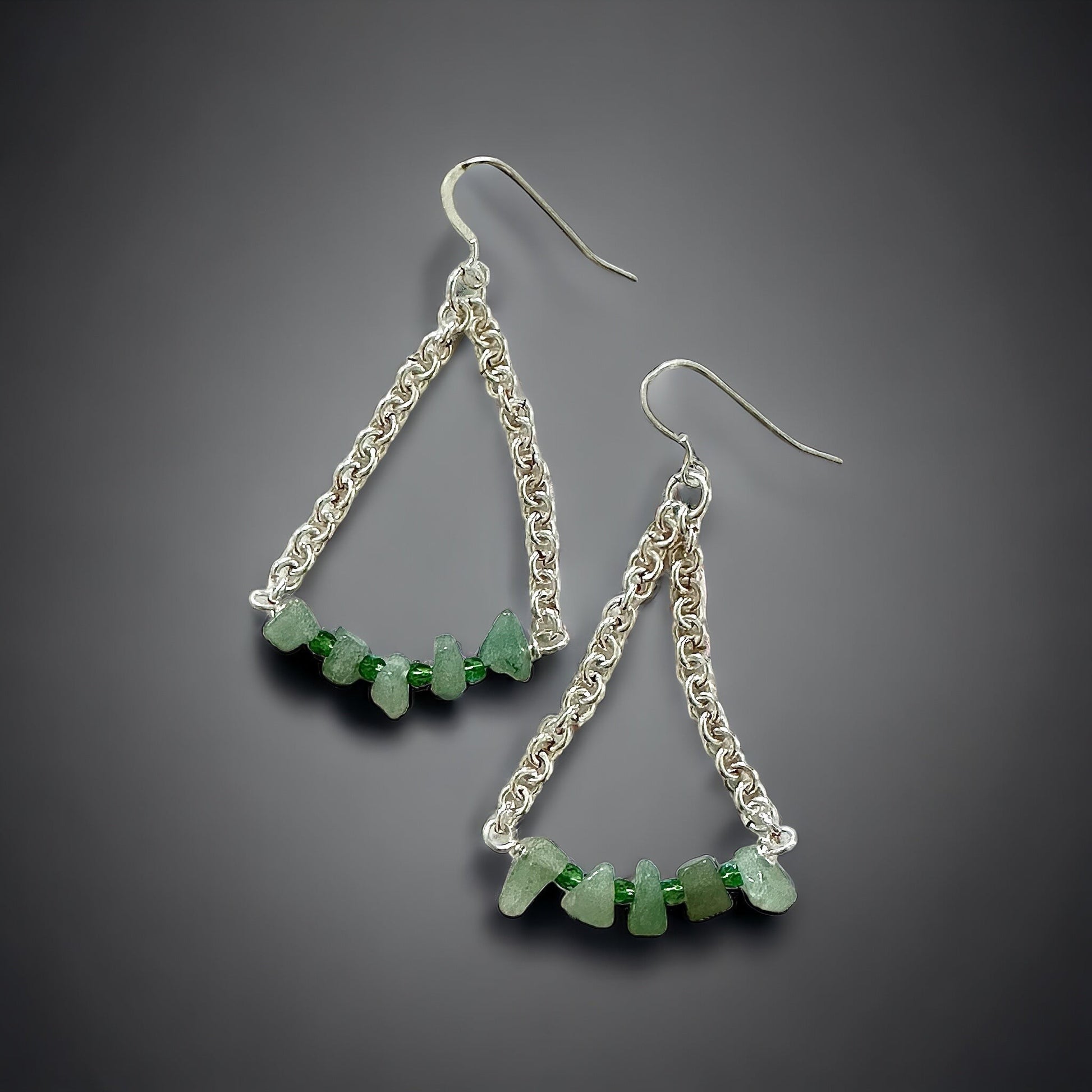 Jena Jewelry green aventurine and crystal quartz chainmaille earrings with silver hooks. Triangular design with raw green stones.