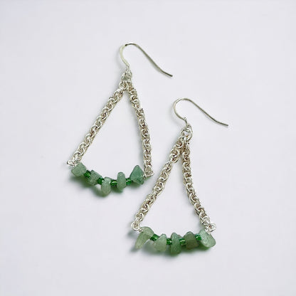 Jena Jewelry silver chainmaille earrings with raw green aventurine chips and crystal accents. Dangle style.