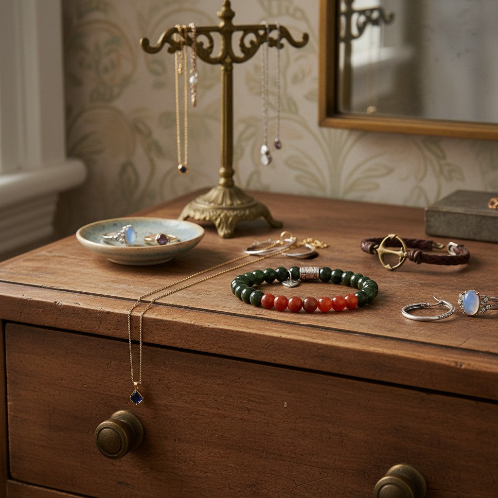 Jena Jewelry bracelet with dark green jade and carnelian beads, silver accent bead and heart charm.