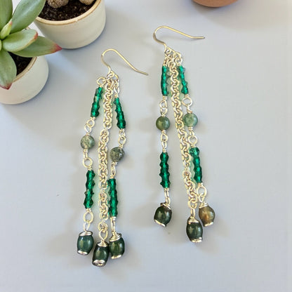 Jena Jewelry cascading green gemstone and crystal strand earrings, 4 inches long, sterling silver-filled chainmaille.