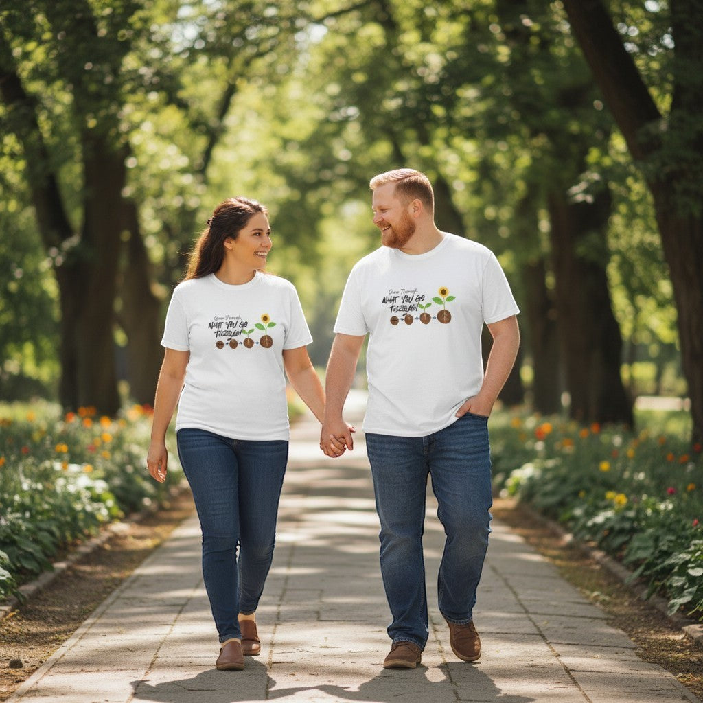 Jena Jewelry white 100% cotton t-shirt with graphic of plant growth stages and "Grow Through What You Go Through" text.