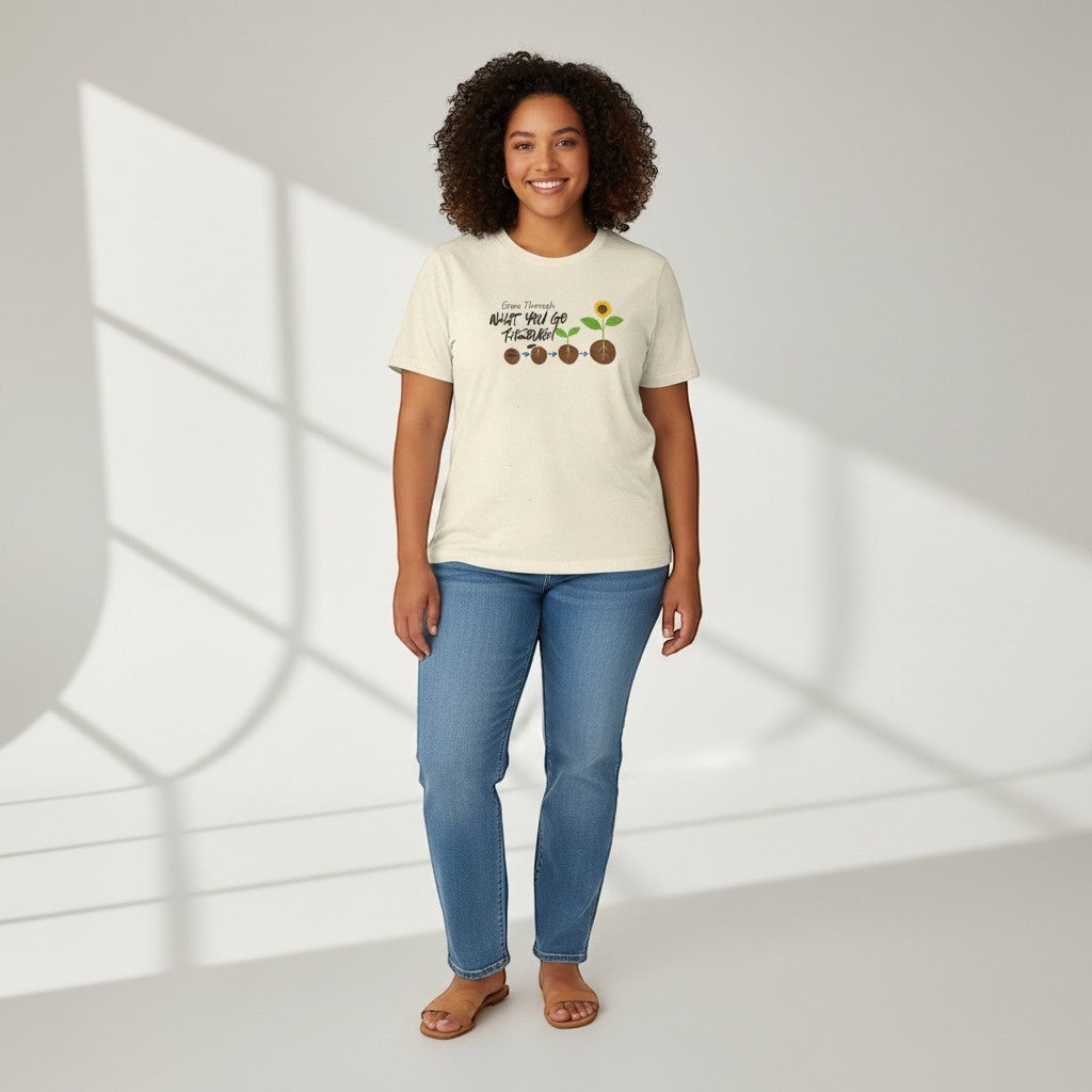Jena Jewelry cream 100% cotton t-shirt with a graphic of a sunflower growing from seed to bloom and the text "Grow Through What You Go Through".