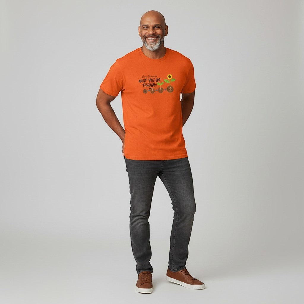Jena Jewelry orange 100% cotton t-shirt with "Grow Through What You Go Through" graphic showing plant growth stages.