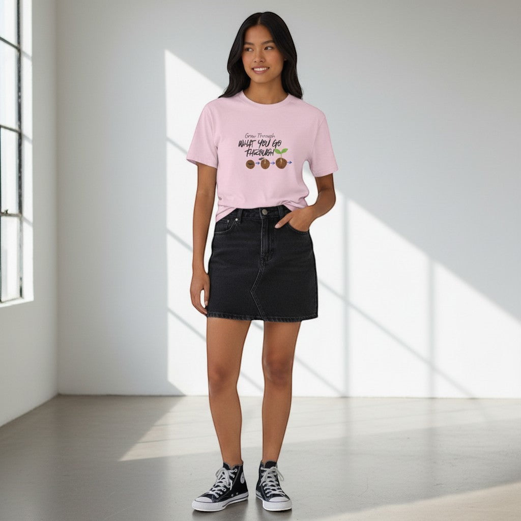 Jena Jewelry pink cotton t-shirt with graphic of plant growth stages and text "Grow Through WHAT YOU GO THROUGH"