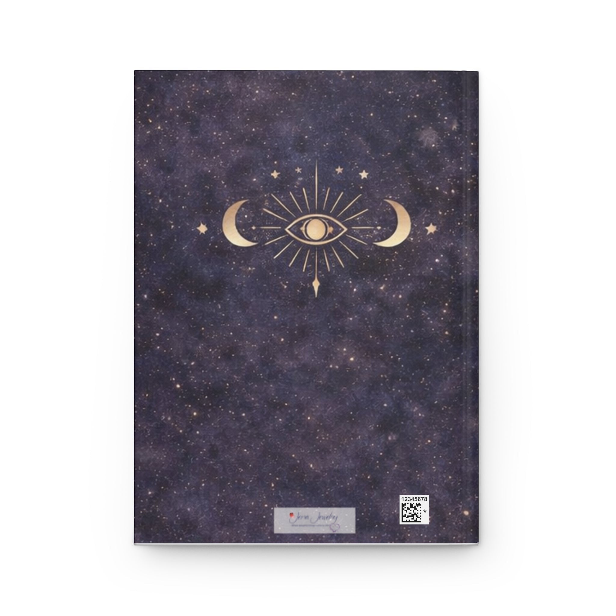Jena Jewelry guided journal with a celestial eye and moon design on a starry night background. Features 150 lined pages.