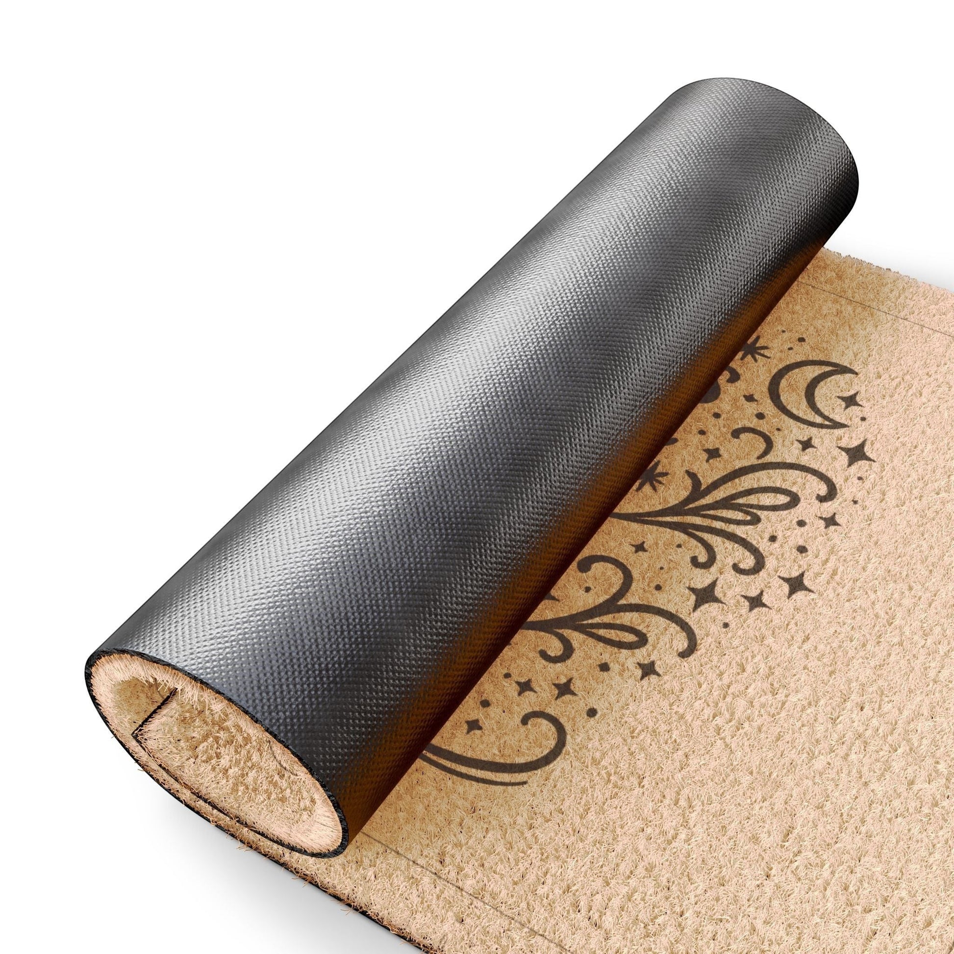 Jena Jewelry natural coir doormat with black "Happiness Lives Here" text and celestial design. Anti-slip backing.