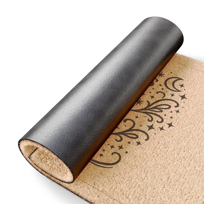 Jena Jewelry natural coir doormat with black "Happiness Lives Here" text and celestial design. Anti-slip backing.
