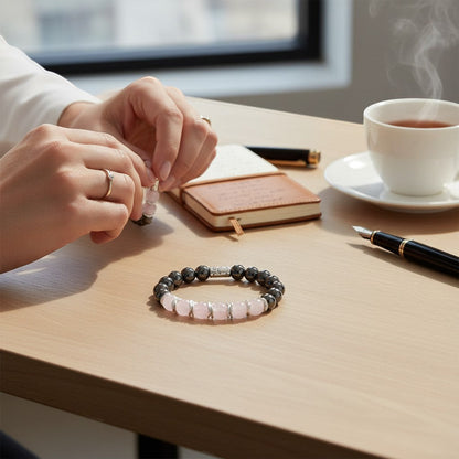 Jena Jewelry hematite and white quartz stretch bracelet with silver accent, worn by a woman at a desk.