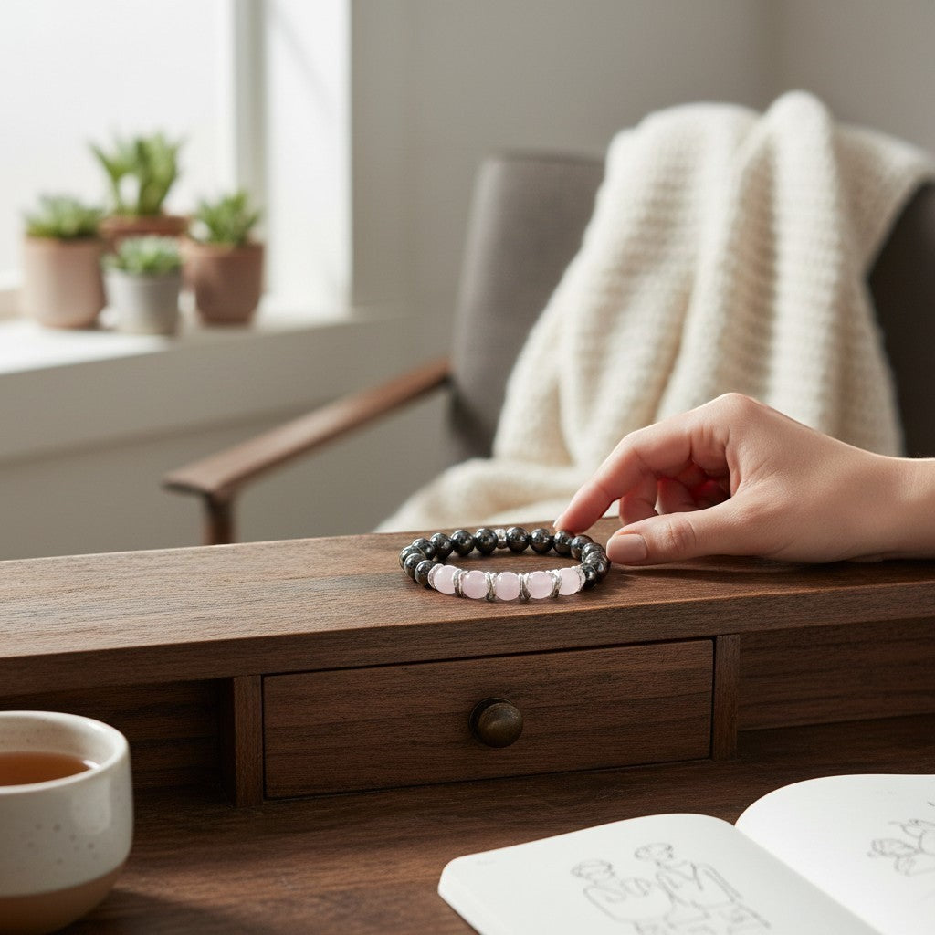 Jena Jewelry hematite and white quartz stretch bracelet with silver accents, worn on a wooden desk.