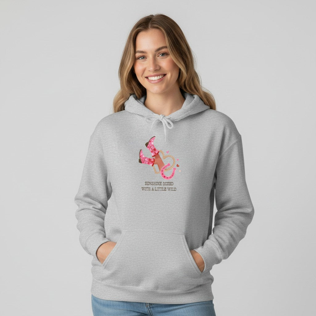 Jena Jewelry light grey cotton-poly blend hoodie with a pink ribbon hope design featuring cowboy boots and a horseshoe graphic.