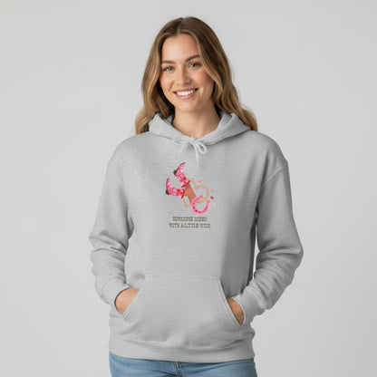 Jena Jewelry light grey cotton-poly blend hoodie with a pink ribbon hope design featuring cowboy boots and a horseshoe graphic.