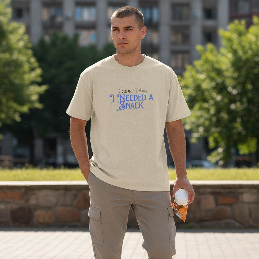 Jena Jewelry beige 100% cotton t-shirt with blue text that reads "I came. I Saw. I Needed a Snack."