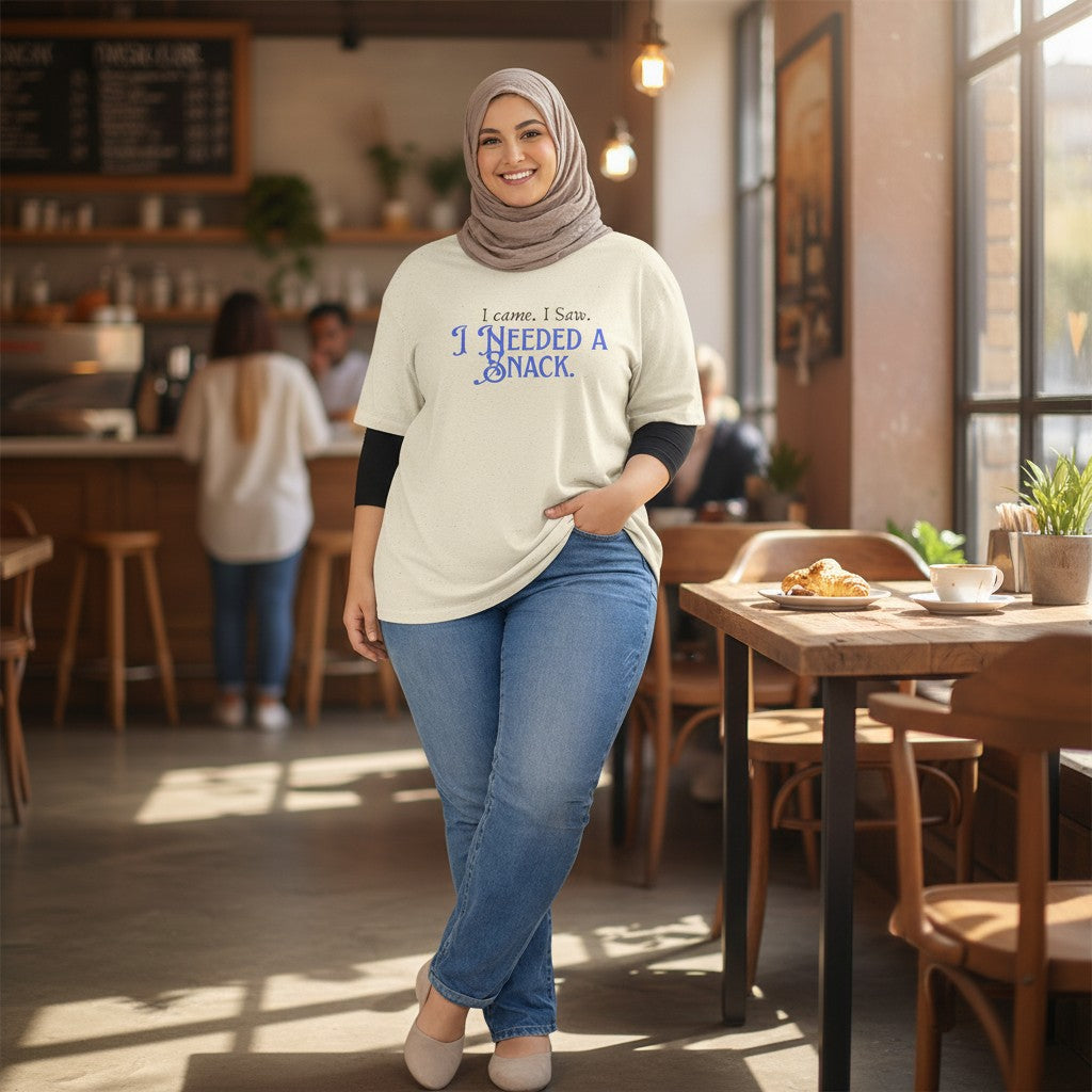 Jena Jewelry cream cotton tee with blue text that reads "I came. I saw. I needed a snack."